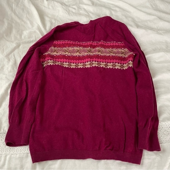 LL Bean LARGE Nordic Fair Isle Cardigan wool cotton blend red burgundy - Picture 4 of 7